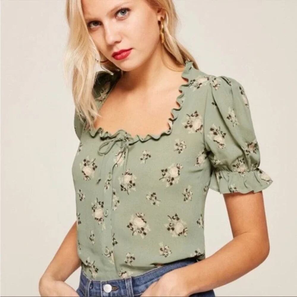 Reformation Top Womens Extra Small Pippa California Green Floral Ruffle Puff Slv